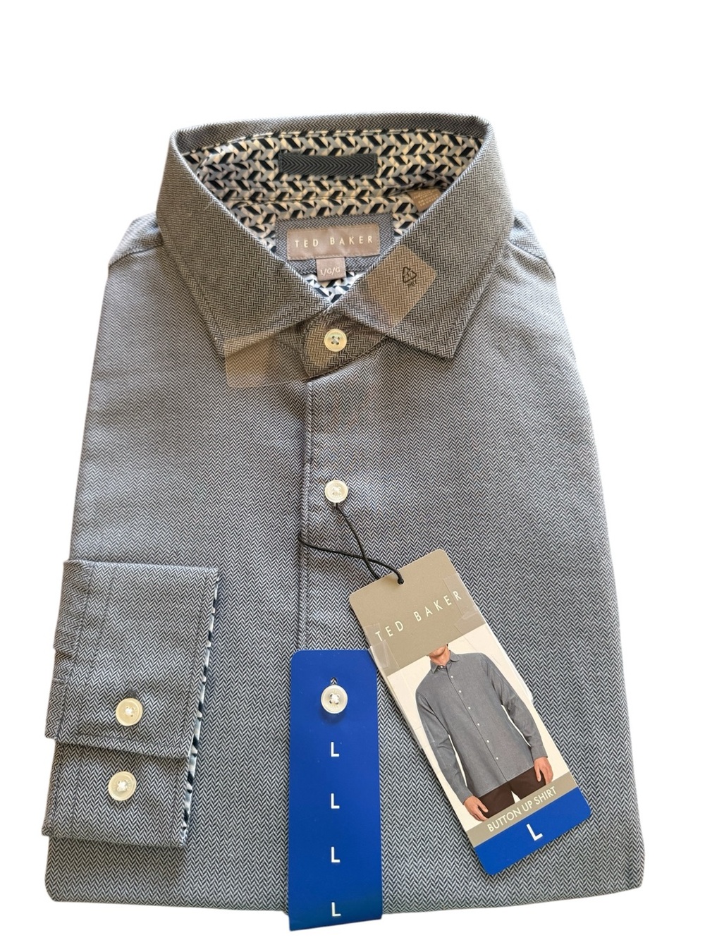 Ted Baker Men's Light Grey Large Herringbone Button-Down Dress Shirt